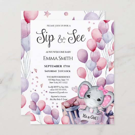 BUDGET Girl Baby Elephant Sip en Zie uitnodiging (Voorkant / Achterkant)