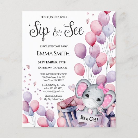 BUDGET Girl Baby Elephant Sip en Zie uitnodiging (Voorkant)