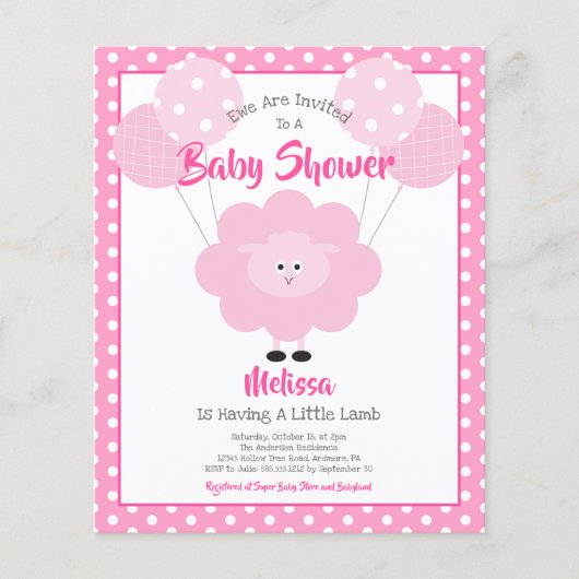 Budget Girl Baby shower Cute Pink Lamb Uitnodiging (Voorkant)