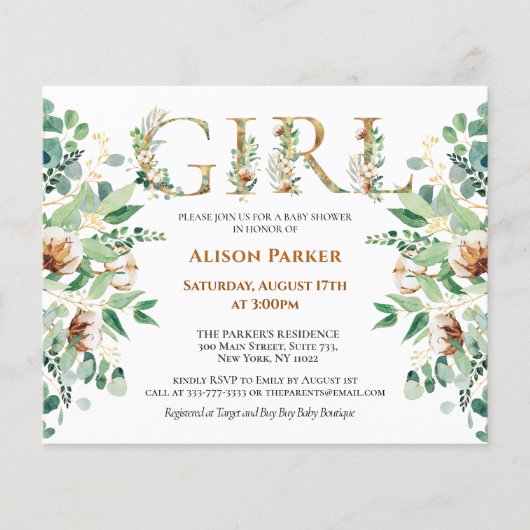 Budget GIRL Baby shower Eucalyptus Gold Invitation Flyer (Voorkant)