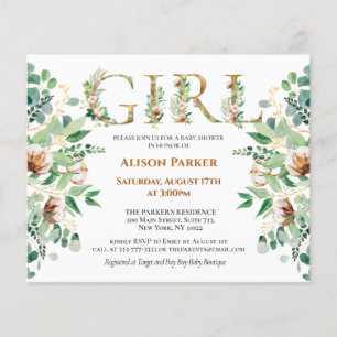 Budget GIRL Baby shower Eucalyptus Gold Invitation Flyer