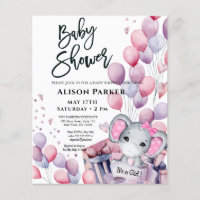 BUDGET Girl Elephant Cute Baby shower Uitnodiging