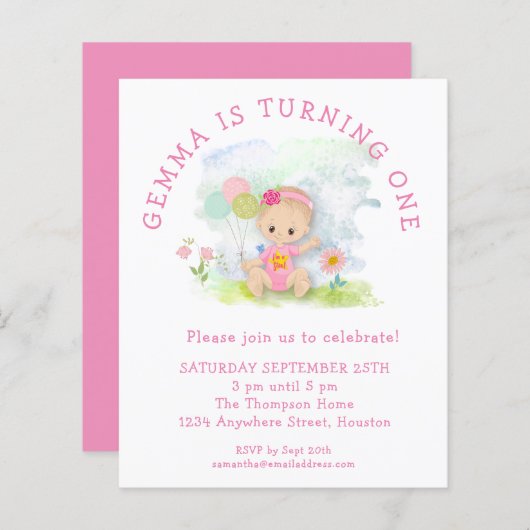 Budget Girl Roze 1e Verjaardagsfeest Uitnodiging (Voorkant / Achterkant)