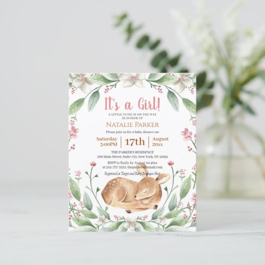Budget Girl Woodland Deer Sage Floral Baby shower (Staand voorkant)