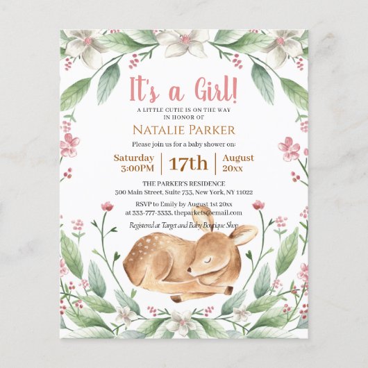 Budget Girl Woodland Deer Sage Floral Baby shower (Voorkant)