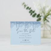 Budget Girly BLUE Glitter Weddenschap Save Date Briefkaart (Staand voorkant)