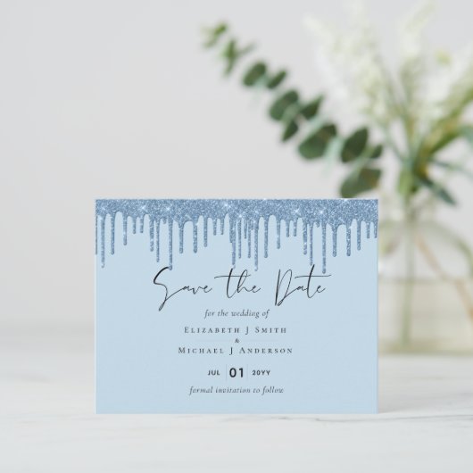 Budget Girly BLUE Glitter Weddenschap Save Date Briefkaart (Staand voorkant)