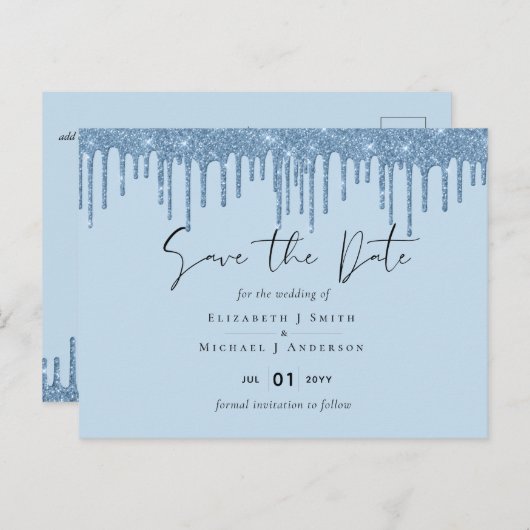 Budget  Girly BLUE Glitter Weddenschap Save Date Briefkaart (Voorkant / Achterkant)