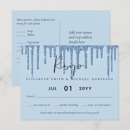 Budget  Girly BLUE Glitter Wedding RSVP Briefkaart (Voorkant / Achterkant)