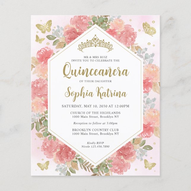 Budget Girly Blush Roze Bloemen Goud Quinceañera (Voorkant)