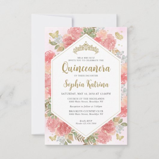Budget Girly Blush Roze Bloemen Goud Quinceañera Notitiekaartje (Voorkant)
