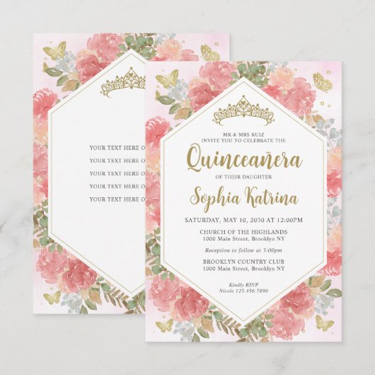 Budget Girly Blush Roze Bloemen Goud Quinceañera Notitiekaartje (Voorkant / Achterkant)