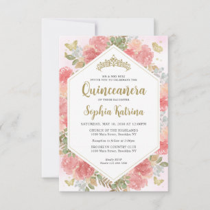 Budget Girly Blush Roze Bloemen Goud Quinceañera Notitiekaartje