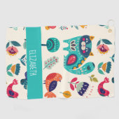 Budget Girly Cats Folk Art Style ADD NAME Golfhanddoek (Horizontaal)