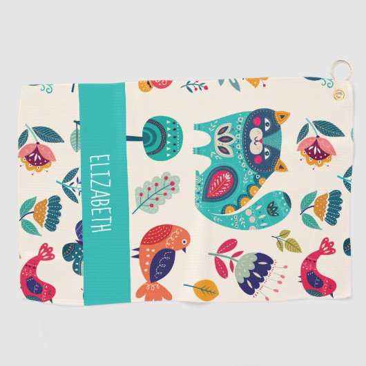 Budget Girly Cats Folk Art Style ADD NAME Golfhanddoek (Horizontaal)