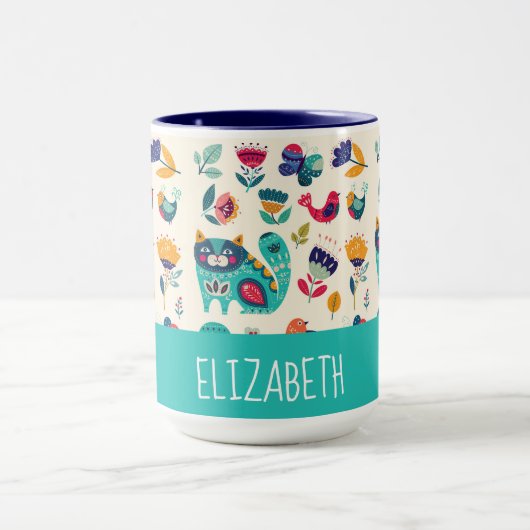 Budget  Girly Cats Folk Art Style ADD NAME Mok (Midden)