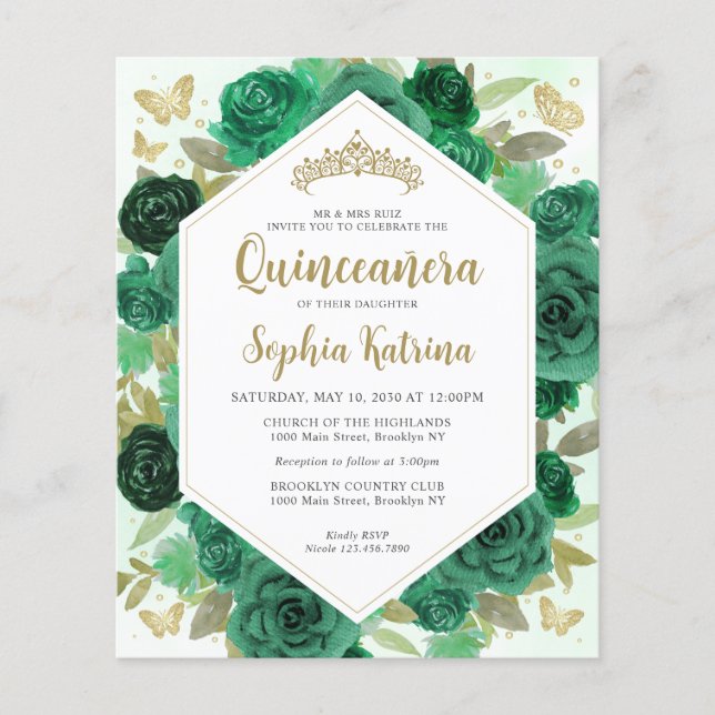 Budget Girly Emerald Groen Bloemen Goud Quinceañer (Voorkant)
