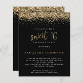 Budget Girly Gold Glitter Sweet 16 Black Invite (Voorkant / Achterkant)