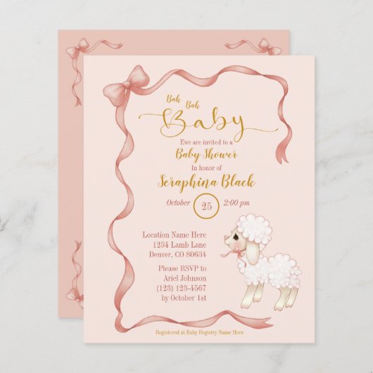 BUDGET Girly Pink Bow Lamb Baby shower Uitnodiging (Voorkant / Achterkant)