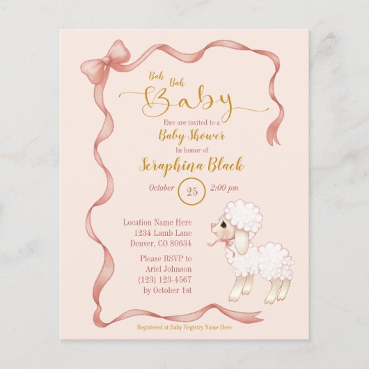 BUDGET Girly Pink Bow Lamb Baby shower Uitnodiging (Voorkant)