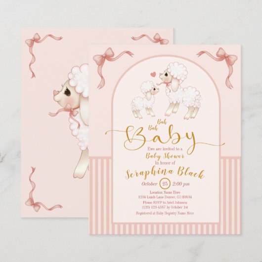 BUDGET Girly Pink Lamb Baby shower Uitnodiging (Voorkant / Achterkant)