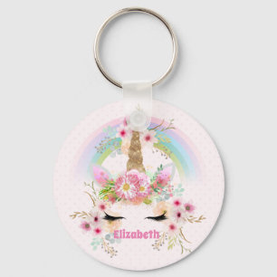 Budget  Girly Pink Unicorn Floral Named Gift Sleutelhanger