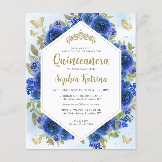Budget Girly Royal Blue Bloemen Goud Quinceañera (Voorkant)