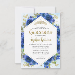 Budget Girly Royal Blue Bloemen Goud Quinceañera Notitiekaartje