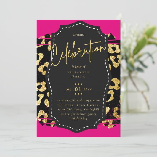 Budget  Girly Sweet16 Gold Animal Print Inv Kaart (Staand voorkant)