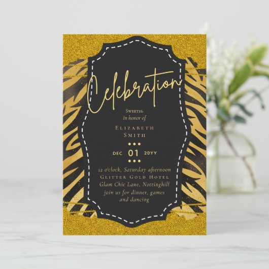 Budget  Girly Sweet16 Gold Animal Print Inv Kaart (Staand voorkant)