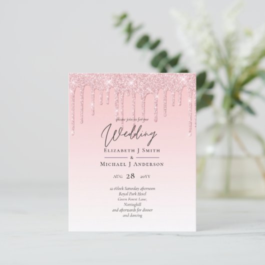 Budget  Girly Wedding Glitter Pink Invite (Staand voorkant)