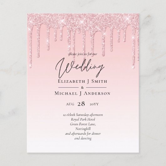 Budget  Girly Wedding Glitter Pink Invite (Voorkant)