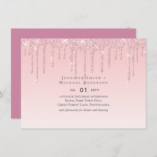 Budget  Girly Wedding Glitter Pink Invite (Voorkant / Achterkant)