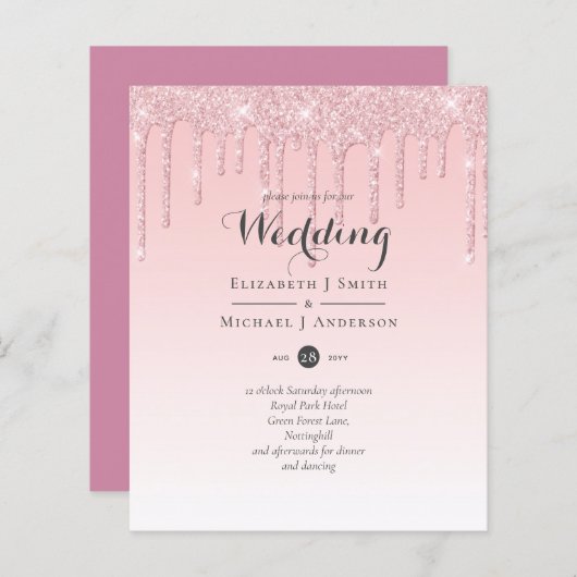 Budget  Girly Wedding Glitter Pink Invite (Voorkant / Achterkant)