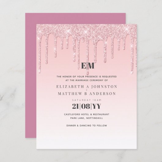 Budget  Girly Wedding Glitter Pink Invite (Voorkant / Achterkant)