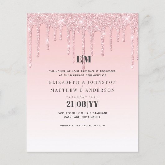 Budget  Girly Wedding Glitter Pink Invite (Voorkant)