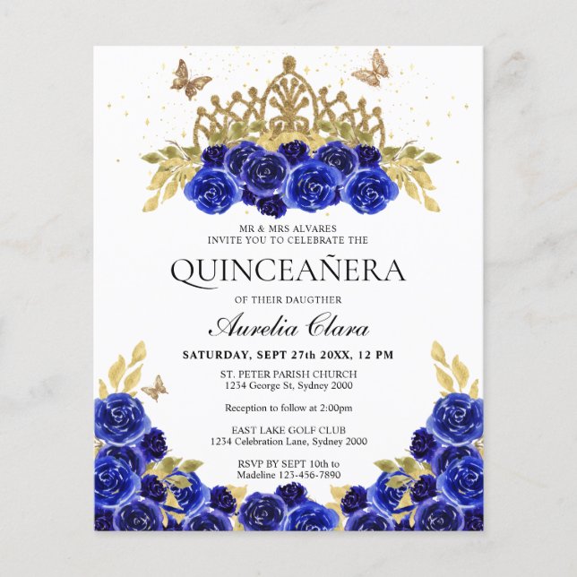 Budget Glam Blauw Bloemen Goud Tiara Quinceanera (Voorkant)