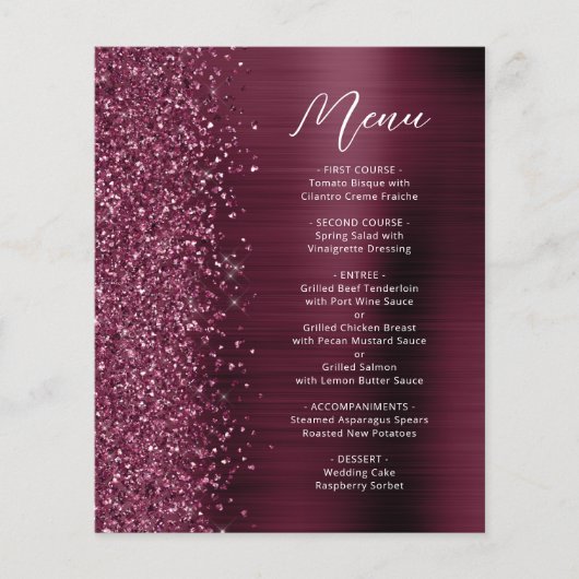 Budget Glam Bourgogne Glitter Script Wedding Menu (Voorkant)