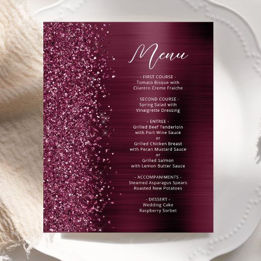 Budget Glam Bourgogne Glitter Script Wedding Menu