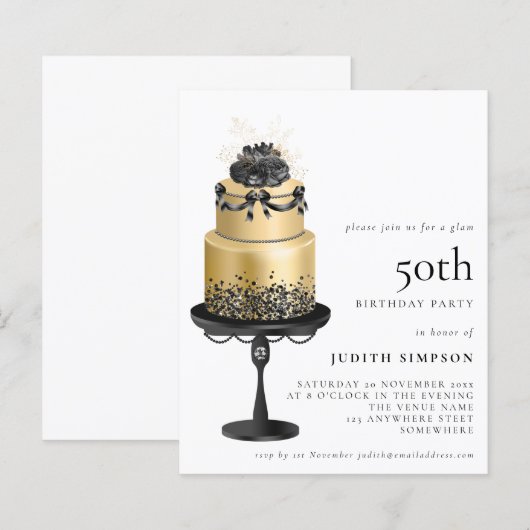 Budget Glam Cake Florals Gold Black 50th Invite (Voorkant / Achterkant)