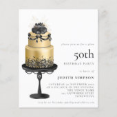 Budget Glam Cake Florals Gold Black 50th Invite (Voorkant)