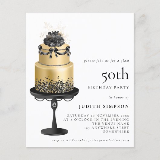 Budget Glam Cake Florals Gold Black 50th Invite (Voorkant)