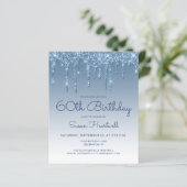 Budget Glam Glitter Blauw 60e Verjaardag Uitnodigi (Staand voorkant)
