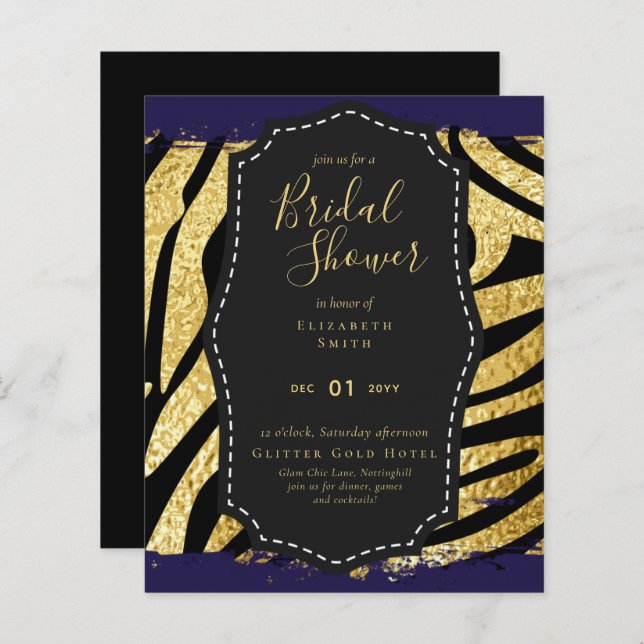 Budget Glam Goud Navy Bruidsfeest Uitnodiging Dier (Voorkant / Achterkant)
