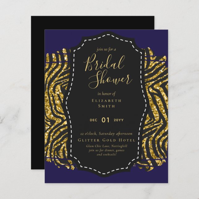 Budget Glam Goud Navy Bruiloft Uitnodiging Dier (Voorkant / Achterkant)