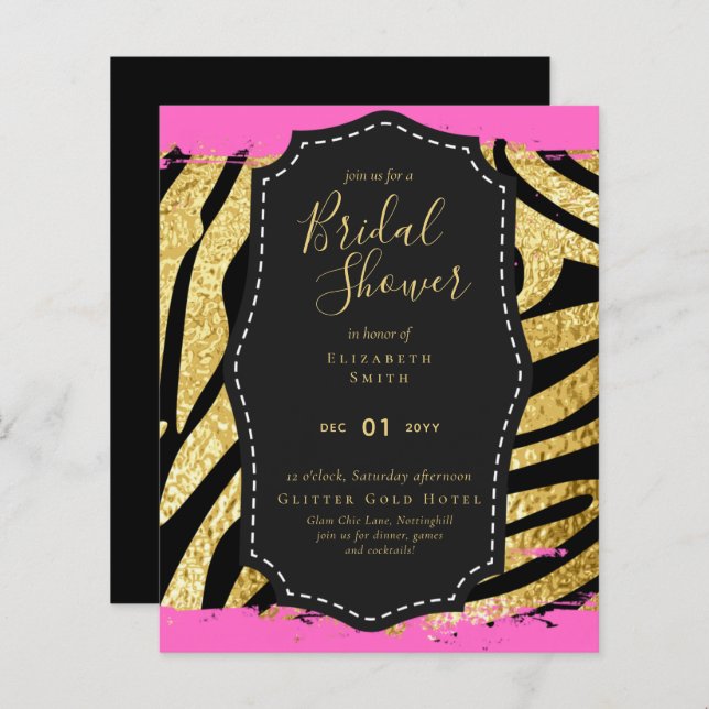 Budget Glam Goud Roze Bruidsjurk Uitnodiging Dier (Voorkant / Achterkant)