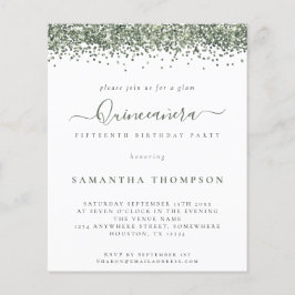 Budget Glam Green Glitter Quinceañera Uitnodiging