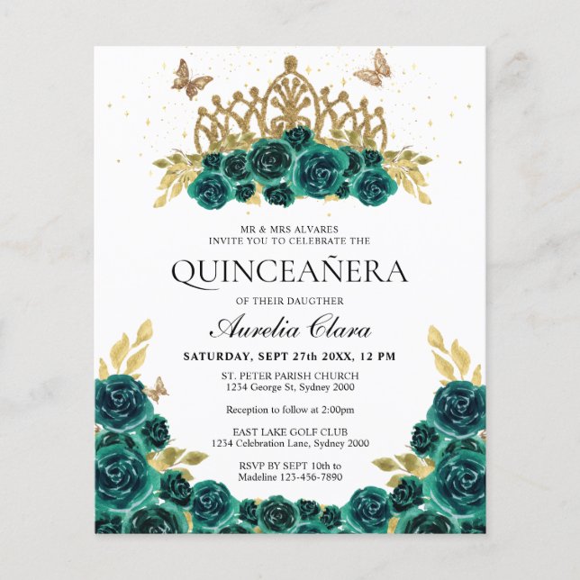 BUDGET Glam Groen Bloemen Goud Tiara Quinceanera (Voorkant)