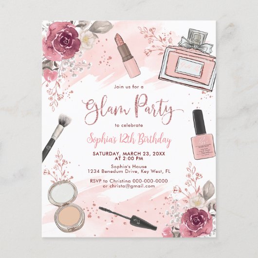 Budget Glam Make-up Blush Spa Verjaardagsuitnodigi (Voorkant)