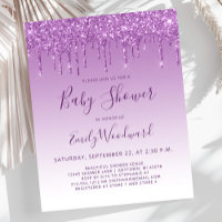 Budget Glam Paarse Glitter Baby shower Uitnodiging